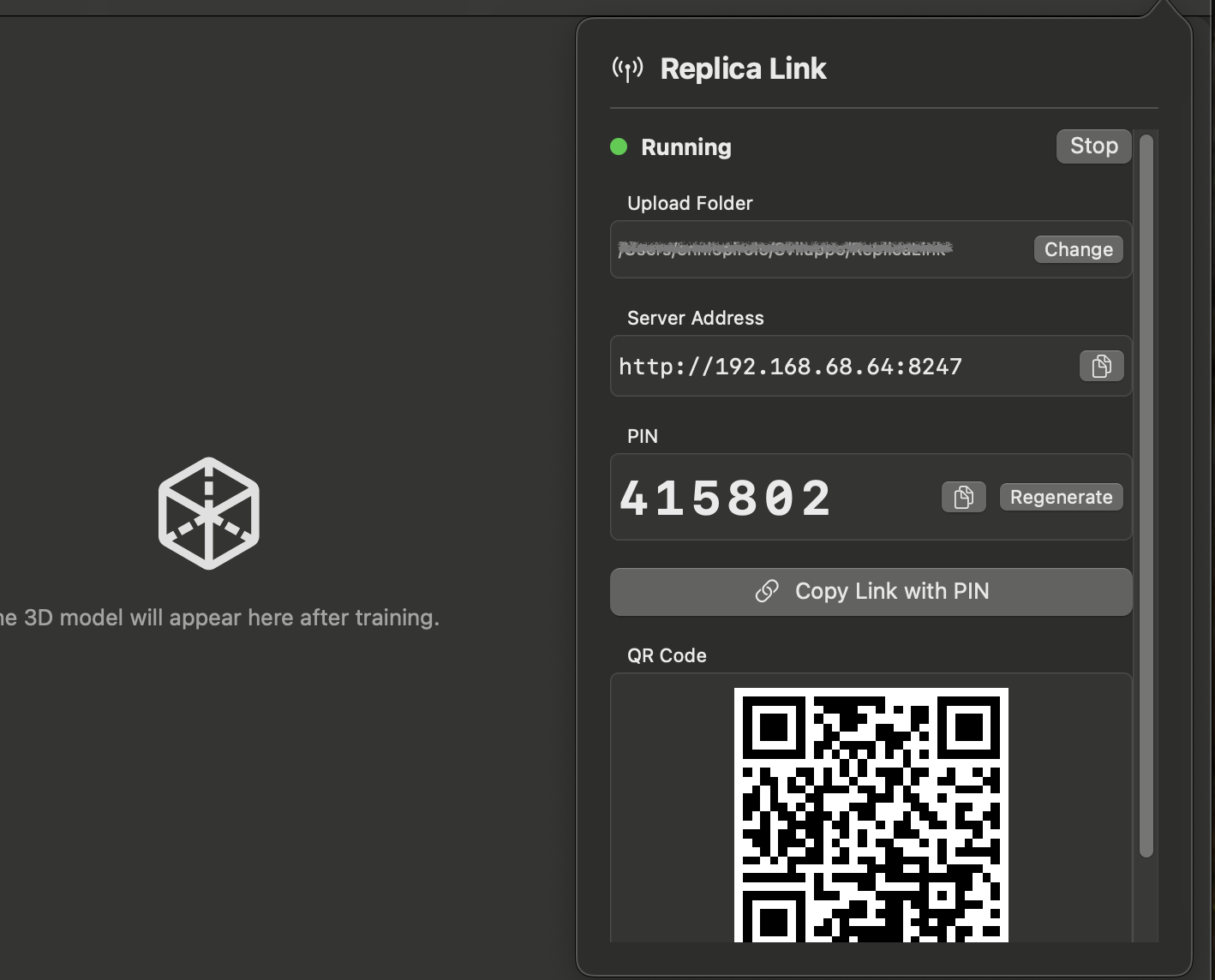 Replica Link panel with server running, showing address, PIN, and QR code